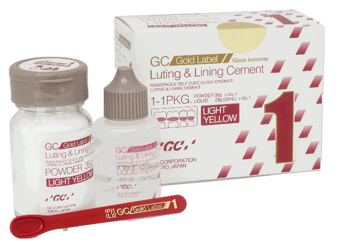IONOMERO DE VIDRIO AUTOCURADO PARA CEMENTAR GOLD LABEL 1 UNIDAD 35G POLVO Y 20ML LIQUIDO LIGHT YELLOW GC REF. 002503